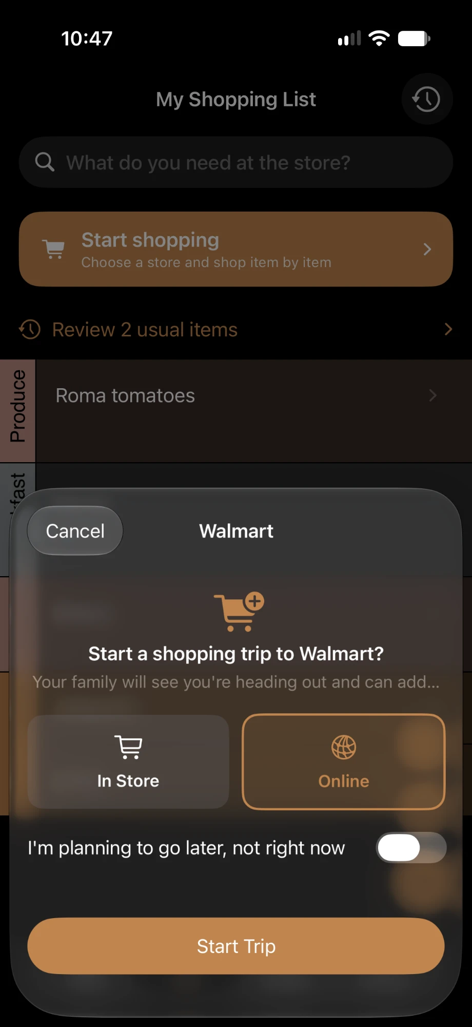 The Start a shopping trip to Walmart sheet with the Online tile selected and a Start Trip button.