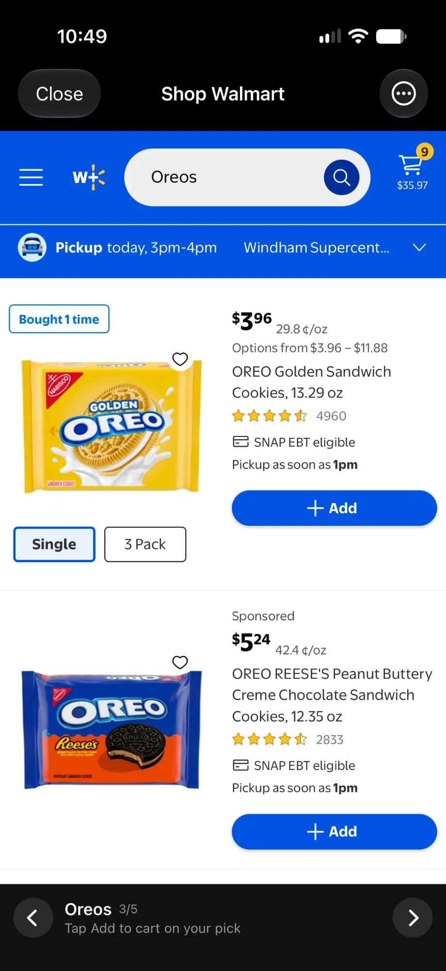 Walmart search results for Oreos inside Shoplan, with a bar at the bottom reading Oreos 3/5, Tap Add to cart on your pick.