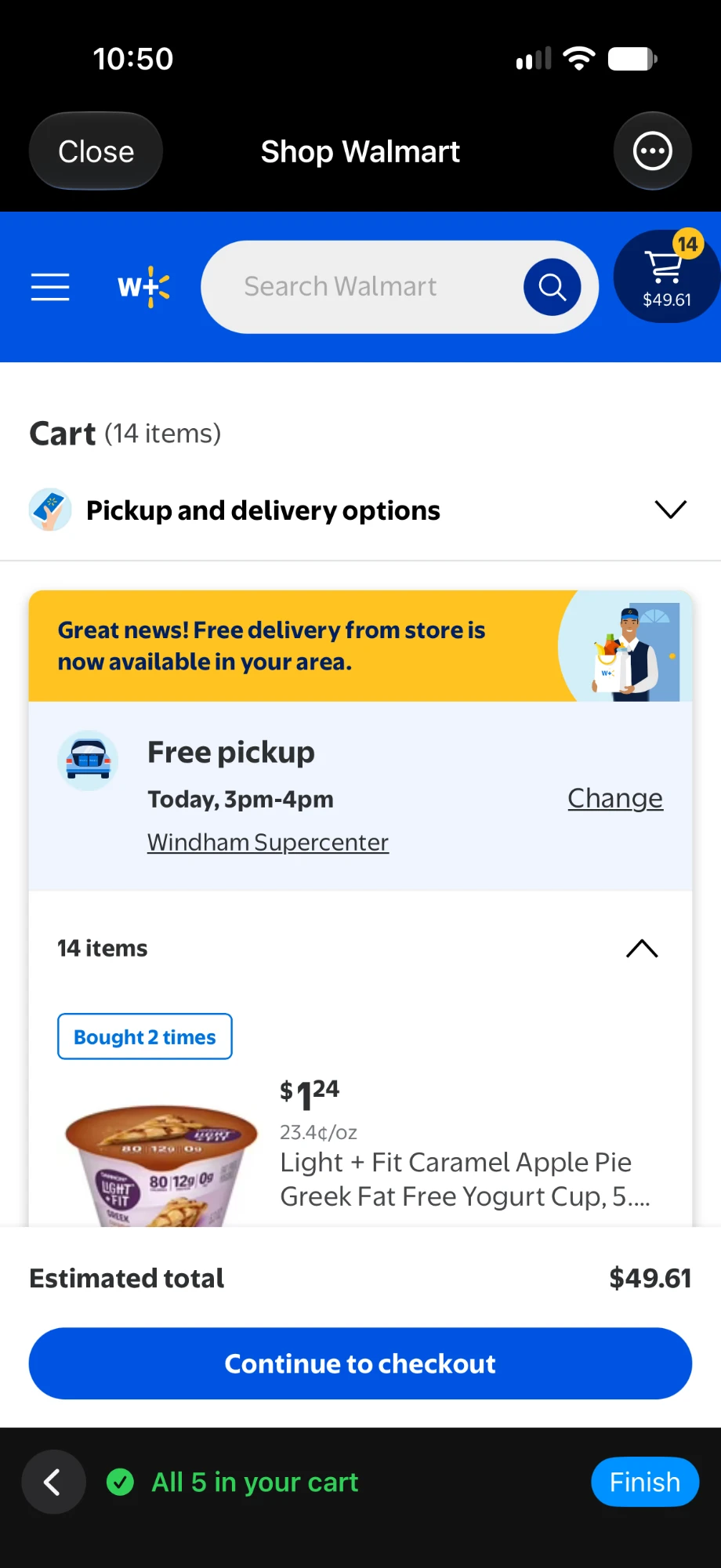 The Walmart cart inside Shoplan with a bar at the bottom reading All 5 in your cart and a Finish button.