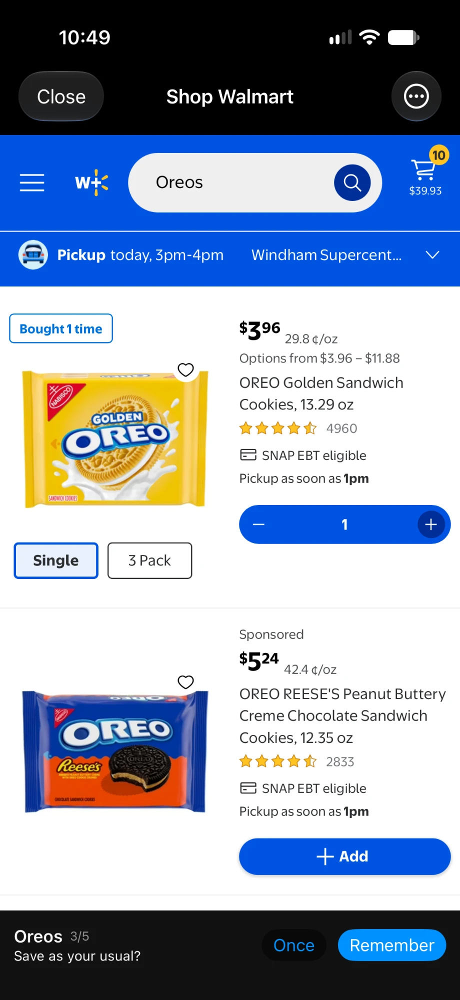 After adding Oreos to the Walmart cart, the bar asks Save as your usual? with Once and Remember buttons.