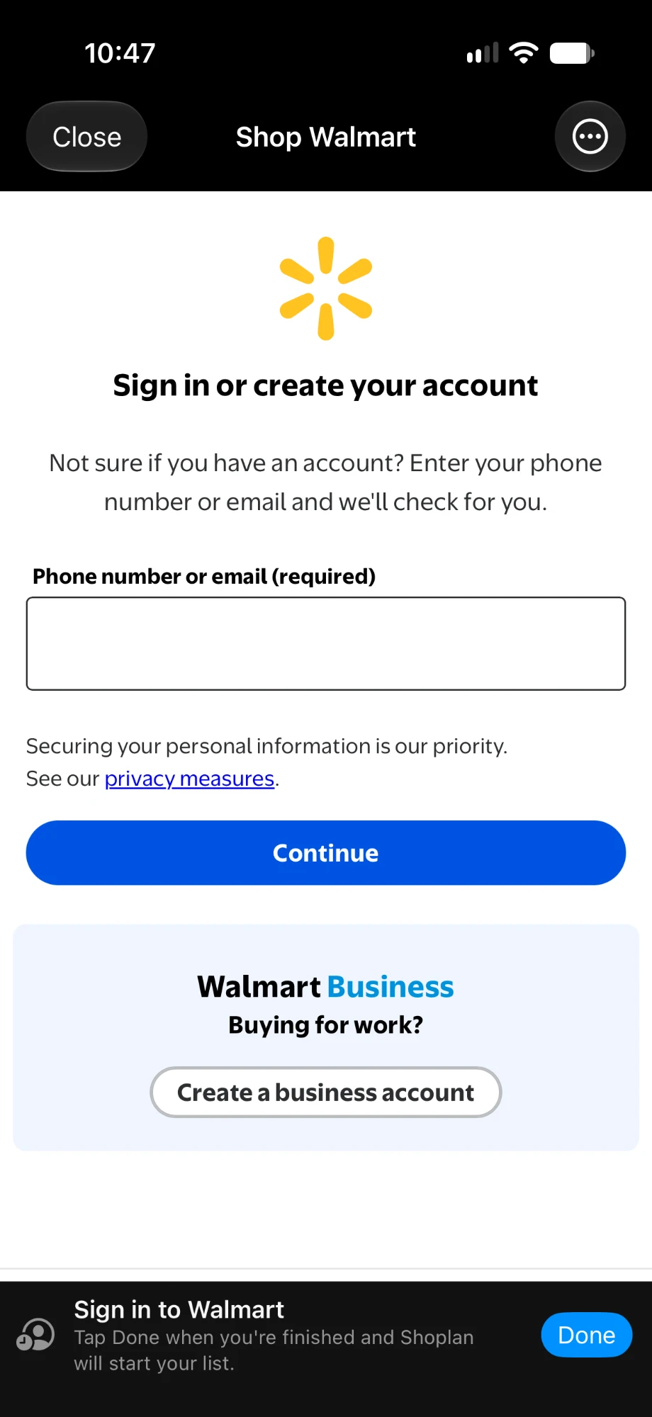 The Walmart sign-in page inside Shoplan, with a Sign in to Walmart bar and Done button at the bottom.