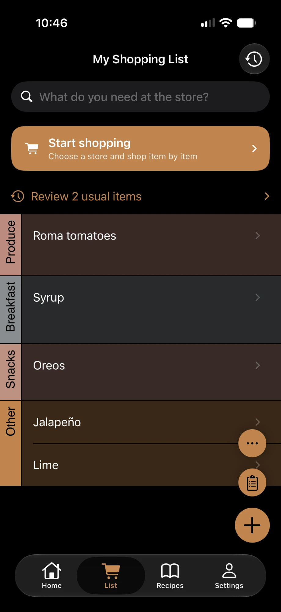 The Shoplan List tab showing My Shopping List with a Start shopping button above the list items.