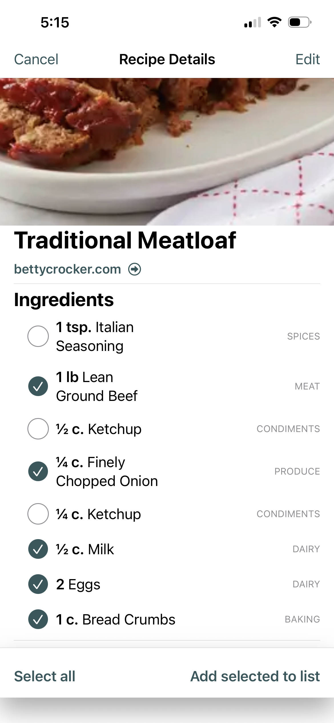 Shoplan ingredient selection screen